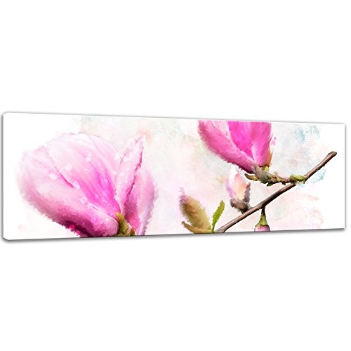 Keilrahmenbild - Aquarell - Magnolien - Bild auf Leinwand 160 x 50 cm einteilig - Leinwandbilder - Bilder als Leinwanddruck - Pflanzen & Blumen - Malerei - Natur - Violette Blüten