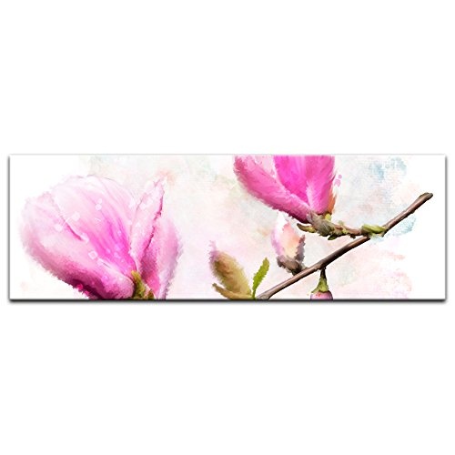 Keilrahmenbild - Aquarell - Magnolien - Bild auf Leinwand 160 x 50 cm einteilig - Leinwandbilder - Bilder als Leinwanddruck - Pflanzen & Blumen - Malerei - Natur - Violette Blüten