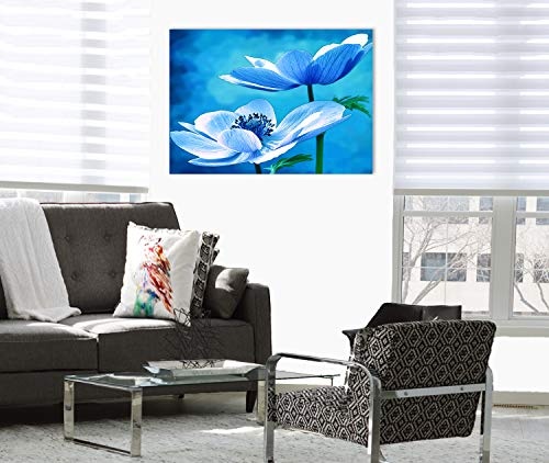 Topquadro Wandbild, Leinwandbild 70x50cm, Weiße und Blaue Blume, Zarte Farben - Keilrahmenbild, Bild auf Leinwand - Einteilig, Fertig zum Aufhängen