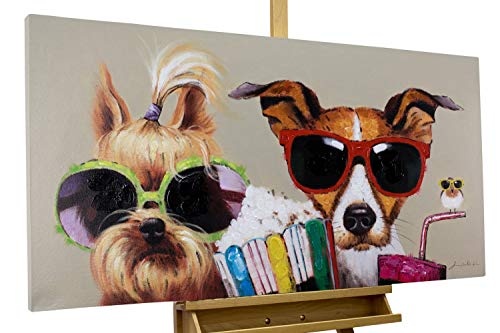 KunstLoft® Acryl Gemälde Kiki, Jack und Matt 120x60cm | original handgemalte Leinwand Bilder XXL | Hunde Vogel Bunt Brillen Lustig für Wohnzimmer | Wandbild Acrylbild moderne Kunst mit Rahmen