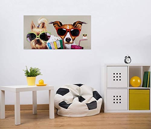 KunstLoft® Acryl Gemälde Kiki, Jack und Matt 120x60cm | original handgemalte Leinwand Bilder XXL | Hunde Vogel Bunt Brillen Lustig für Wohnzimmer | Wandbild Acrylbild moderne Kunst mit Rahmen