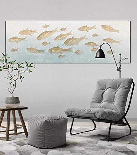 KunstLoft® Acryl Gemälde Gemeinsam stark 150x50cm | original handgemalte Leinwand Bilder XXL | Fische Wasser Beige Blau | Wandbild Acrylbild Moderne Kunst einteilig mit Rahmen