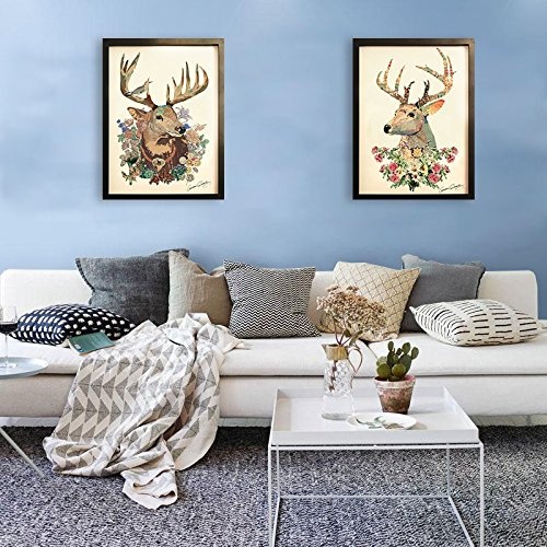 KunstLoft Trendiges Bild Frame Art 3D Lost in Deer-sire 61x81cm | Handgefertigte Vintage Wanddeko aus Papier | Hirsch Kopf Geweih Blumen | Wandbild Collage Art moderne Kunst Retro im Bilderrahmen