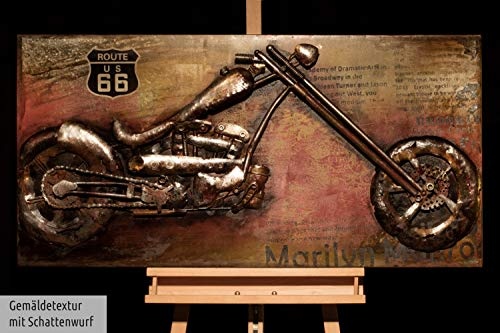 KunstLoft Extravagantes Metallbild 3D Outlaw Bike120x60x7cm | Design Wanddeko XXL Handgefertigt | Unikat Luxus Wandskulptur | Motorrad Rot Gelb USA Route 66 Reisen | Wandbild Relief Modern