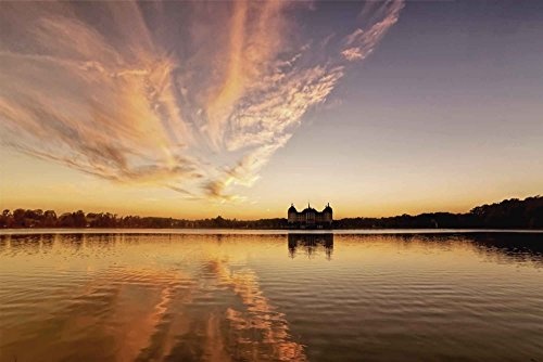 Artland Qualitätsbilder I Bild auf Leinwand Leinwandbilder Wandbilder 90 x 60 cm Landschaften Sonnenaufgang -untergang Foto Orange C3ZF Schloss Moritzburg Sonnenuntergang