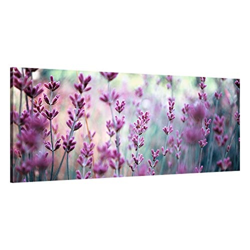 ge Bildet® hochwertiges Leinwandbild Panorama Pflanzen Bilder - Lavendelblüten Feld - Blumen Violett Lavendel Natur - 100 x 40 cm einteilig 2207 F