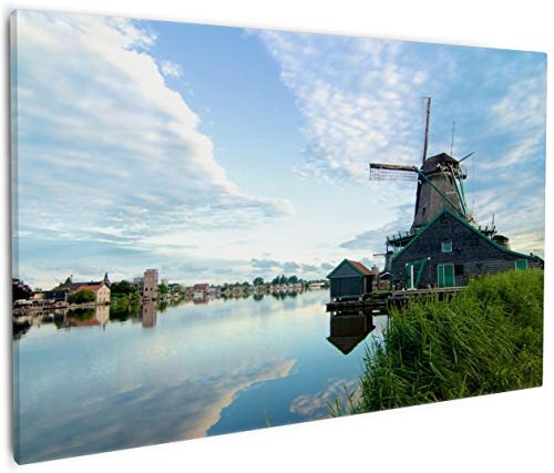 Wallario Leinwandbild Alte Windmühle an Einem Fluss - 60 x 90 cm in Premium-Qualität: Brillante lichtechte Farben, hochauflösend, verzugsfrei