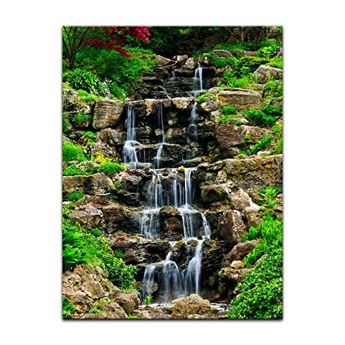 Wandbild - Wasserfall II - Bild auf Leinwand - 60 x 80 cm - Leinwandbilder - Bilder als Leinwanddruck - Landschaften - Kleiner Wasserlauf - japanischer Garten