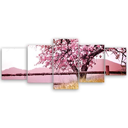 ge Bildet® hochwertiges Leinwandbild XXL Naturbilder Landschaftsbilder - Frühlingsbaum - Natur Baum Rosa Pink - 200 x 80 cm mehrteilig (5 teilig) 2212 A