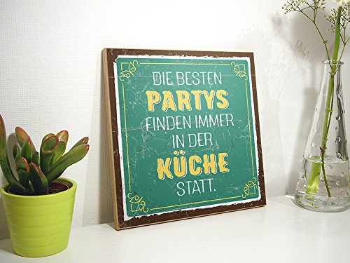 TypeStoff Holzschild mit Spruch - KÜCHENPARTY - im Vintage-Look mit Zitat als Geschenk und Dekoration zum Thema Küche und Party (19,5 x 19,5 cm)