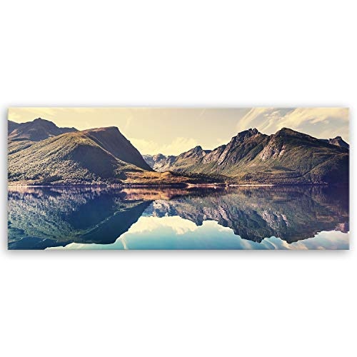 ge Bildet® hochwertiges Leinwandbild Panorama Panorama XXL Naturbilder Landschaftsbilder - Norwegische Berglandschaft - Norwegen Bild Natur Berg See - 120 x 50 cm einteilig 2213 L