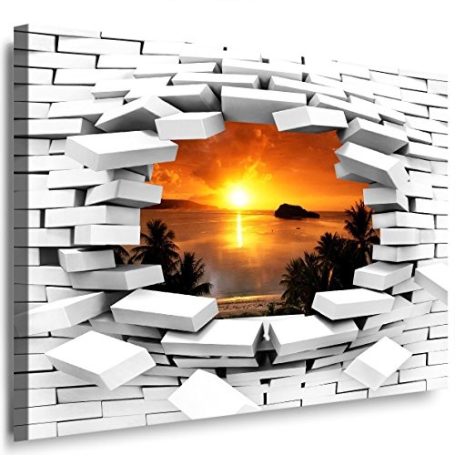 JULIA-ART 111wl2 S - Format 60 - 50 cm Bild auf Leinwand Sonnenuntergang - Meer 3D Illusion Mauer Loch Wand Deko ideen - Natur, Landschaft Bilder