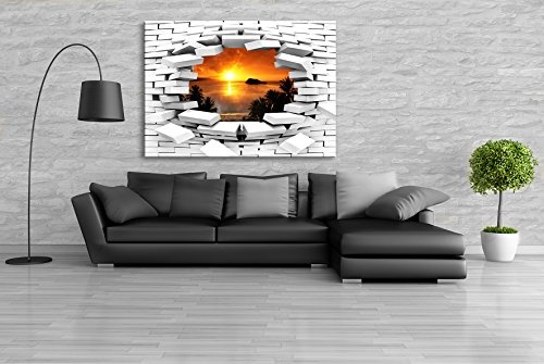 JULIA-ART 111wl2 S - Format 60 - 50 cm Bild auf Leinwand Sonnenuntergang - Meer 3D Illusion Mauer Loch Wand Deko ideen - Natur, Landschaft Bilder
