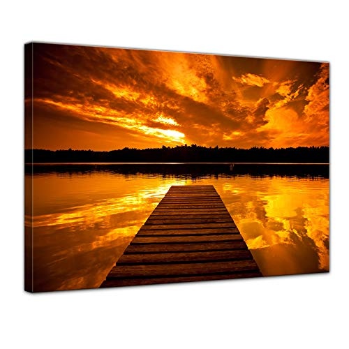 Keilrahmenbild - Steg Retro - Bild auf Leinwand - 120 x 90 cm - Leinwandbilder - Bilder als Leinwanddruck - Landschaften - Natur - Sonnenuntergang - Steg an Einem See
