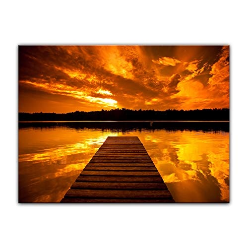 Keilrahmenbild - Steg Retro - Bild auf Leinwand - 120 x 90 cm - Leinwandbilder - Bilder als Leinwanddruck - Landschaften - Natur - Sonnenuntergang - Steg an Einem See