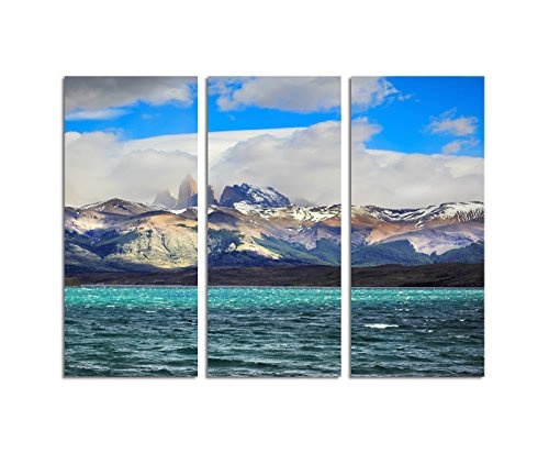 130x90cm - Keilrahmenbild Nationalpark Chile Bergpanorama Meer 3teiliges Wandbild auf Leinwand und Keilrahmen - Fotobild Kunstdruck Artprint