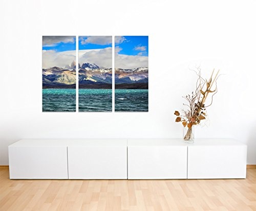 130x90cm - Keilrahmenbild Nationalpark Chile Bergpanorama Meer 3teiliges Wandbild auf Leinwand und Keilrahmen - Fotobild Kunstdruck Artprint