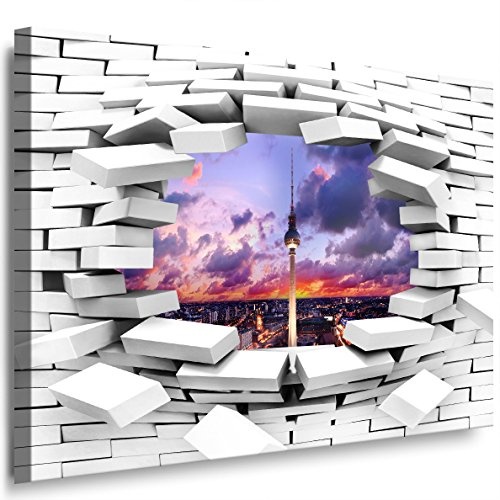 JULIA-ART 301wl4 L - Format 80 - 70 cm Bild auf Leinwand Berlin - Fernsehturm 3D Illusion Mauer Loch Wand Deko ideen - Natur, Landschaft Bilder