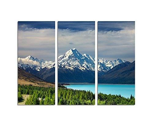 130x90cm - Keilrahmenbild Bergmassiv Mount Cook Neuseeland 3teiliges Wandbild auf Leinwand und Keilrahmen - Fotobild Kunstdruck Artprint