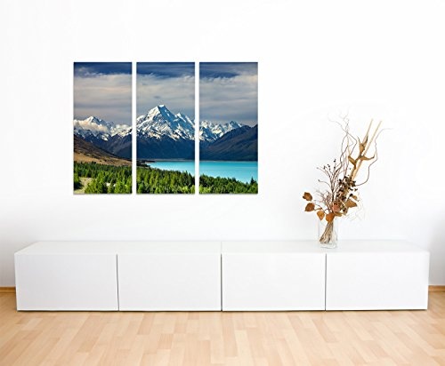 130x90cm - Keilrahmenbild Bergmassiv Mount Cook Neuseeland 3teiliges Wandbild auf Leinwand und Keilrahmen - Fotobild Kunstdruck Artprint