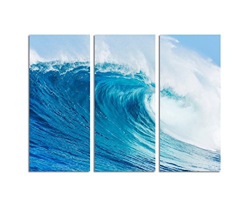 130x90cm - Keilrahmenbild blauer Ozean perfekte Welle 3teiliges Wandbild auf Leinwand und Keilrahmen - Fotobild Kunstdruck Artprint