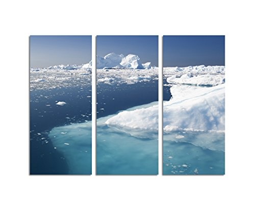 130x90cm - Keilrahmenbild blauer Fjord Eisberge Grönland 3teiliges Wandbild auf Leinwand und Keilrahmen - Fotobild Kunstdruck Artprint