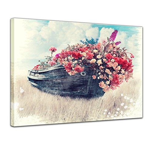 Keilrahmenbild - Aquarell - Altes Boot mit Blumen - Bild auf Leinwand 120 x 90 cm einteilig - Leinwandbilder - Bilder als Leinwanddruck - Pflanzen & Blumen - Malerei - zugewachsener Alter Kahn