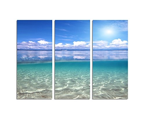 130x90cm - Keilrahmenbild Unterwasser Karibik Meer Blauer Himmel 3teiliges Wandbild auf Leinwand und Keilrahmen - Fotobild Kunstdruck Artprint