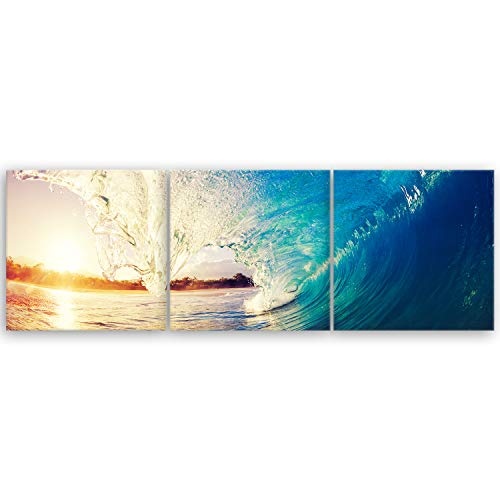 ge Bildet® hochwertiges Leinwandbild Panorama XXL Naturbilder Landschaftsbilder - The Wave - Welle Surfen Wasser Sonnenuntergang blau gelb orange - 150 x 50 cm mehrteilig (3 teilig) 2212 S