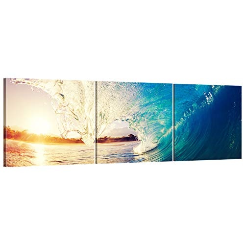 ge Bildet® hochwertiges Leinwandbild Panorama XXL Naturbilder Landschaftsbilder - The Wave - Welle Surfen Wasser Sonnenuntergang blau gelb orange - 150 x 50 cm mehrteilig (3 teilig) 2212 S