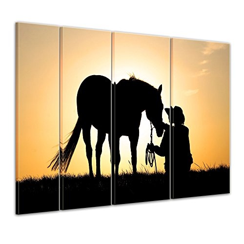 Keilrahmenbild - Pferd mit Cowboy - Bild auf Leinwand - 180x120 cm 4 teilig - Leinwandbilder - Bilder als Leinwanddruck - Tierwelten - Sonnenuntergang - Pferd und Reiter