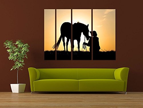 Keilrahmenbild - Pferd mit Cowboy - Bild auf Leinwand - 180x120 cm 4 teilig - Leinwandbilder - Bilder als Leinwanddruck - Tierwelten - Sonnenuntergang - Pferd und Reiter