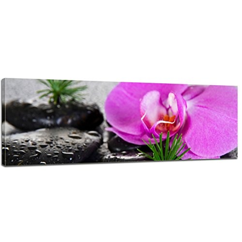 Keilrahmenbild - Zen Steine XI - Bild auf Leinwand - 120x40 cm einteilig - Leinwandbilder - Geist & Seele - Erholung - Wellness - Steine mit Gras und Orchideenblüte