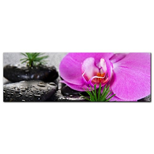 Keilrahmenbild - Zen Steine XI - Bild auf Leinwand - 120x40 cm einteilig - Leinwandbilder - Geist & Seele - Erholung - Wellness - Steine mit Gras und Orchideenblüte