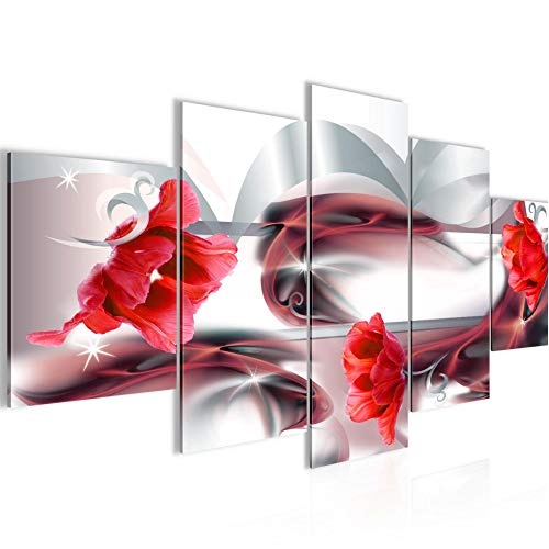 Bilder Blumen Tulpen Wandbild 150 x 75 cm Vlies - Leinwand Bild XXL Format Wandbilder Wohnzimmer Wohnung Deko Kunstdrucke Rot 5 Teilig - MADE IN GERMANY - Fertig zum Aufhängen 206353b