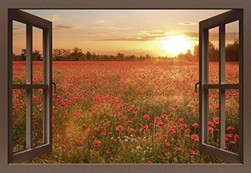 Artland Qualitätsbilder I Bild auf Leinwand Leinwandbilder Wandbilder 100 x 70 cm Blumen Mohnblume Foto Rot B8CL Fensterblick Mohnblumenfeld bei Sonnenuntergang