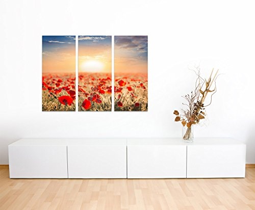 130x90cm - Keilrahmenbild rotes Klatschmohnfeld Sonnenaufgang 3teiliges Wandbild auf Leinwand und Keilrahmen - Fotobild Kunstdruck Artprint