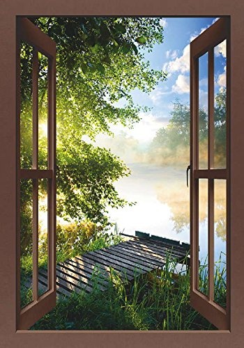 Artland Qualitätsbilder I Bild auf Leinwand Leinwandbilder Wandbilder 70 x 100 cm Landschaften Gewässer Foto Grün D3AR Angelsteg am Fluss am Morgen Fensterblick