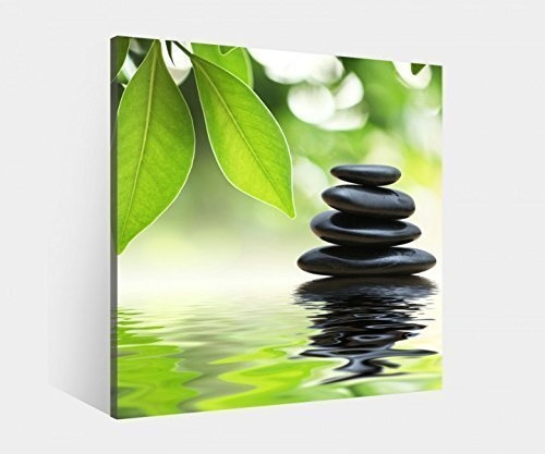 Leinwand 1Tlg XXL Wellness Feng Shui Wasser Steine Blatt grün Bild gerahmt 9L029, BxH Bild:40cmx40cm