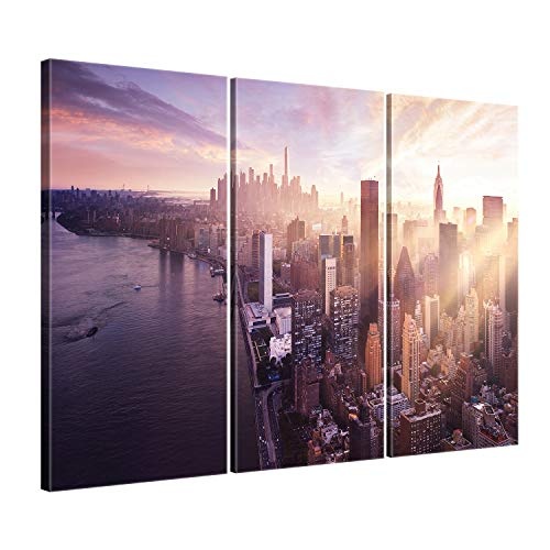 ge Bildet® hochwertiges Leinwandbild XXL Stadtbilder - Sonnenuntergang über Manhattan - New York City - 120 x 80 cm mehrteilig (3 teilig) 2210 G