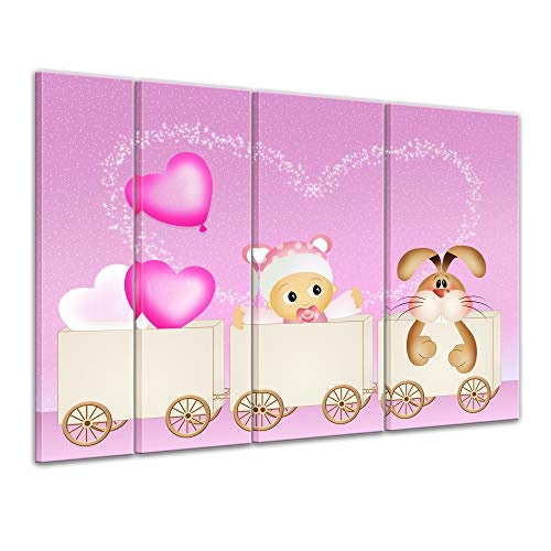 Keilrahmenbild Kinderbild Baby rosa - 180 x 120 cm Bilder als Leinwanddruck Fotoleinwand Kinder Cartoon - Kind und Hase