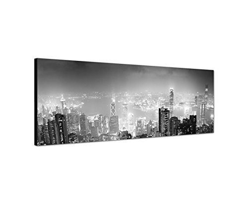 Augenblicke Wandbilder Keilrahmenbild Panoramabild SCHWARZ/Weiss 150x50cm Hongkong Wolkenkratzer Nacht Lichter