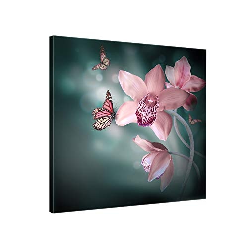ge Bildet® hochwertiges Leinwandbild Pflanzen Bilder - Orchideen mit Schmetterlingen - Natur Blumen - 50 x 50 cm einteilig 2206 K