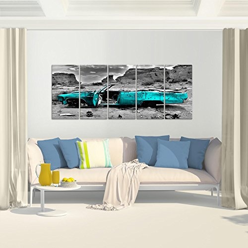 Bilder Auto Grand Canyon Wandbild 200 x 80 cm Vlies - Leinwand Bild XXL Format Wandbilder Wohnzimmer Wohnung Deko Kunstdrucke Türkis 5 Teilig - MADE IN GERMANY - Fertig zum Aufhängen 602255b