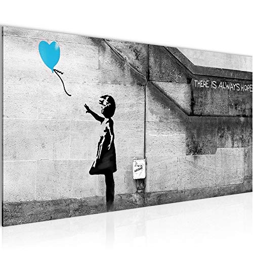 Bilder Banksy - Ballon Girl Street Art Wandbild Vlies - Leinwand Bild XXL Format Wandbilder Wohnzimmer Wohnung Deko Kunstdrucke Blau Grau 1 Teilig - MADE IN GERMANY - Fertig zum Aufhängen 301612c