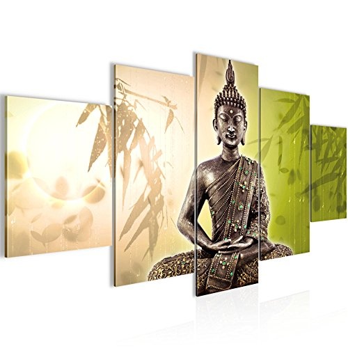 Bilder Buddha Wandbild 200 x 100 cm Vlies - Leinwand Bild XXL Format Wandbilder Wohnzimmer Wohnung Deko Kunstdrucke Grau 5 Teilig -100% MADE IN GERMANY - Fertig zum Aufhängen 500351c