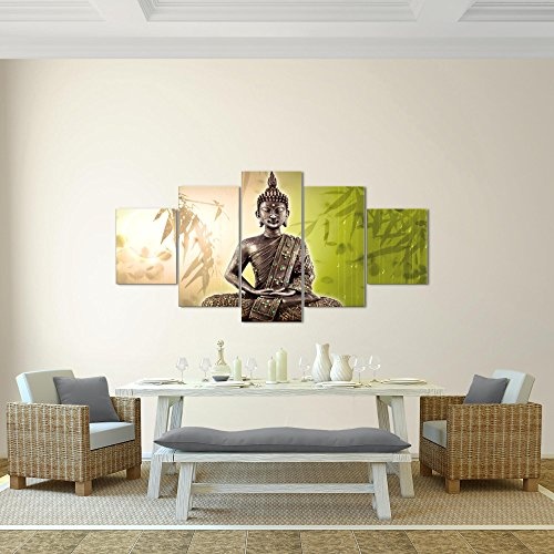 Bilder Buddha Wandbild 200 x 100 cm Vlies - Leinwand Bild XXL Format Wandbilder Wohnzimmer Wohnung Deko Kunstdrucke Grau 5 Teilig -100% MADE IN GERMANY - Fertig zum Aufhängen 500351c