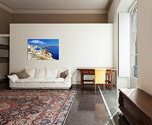 120x80cm - WANDBILD Santorini Dom Häuser Meerblick - Leinwandbild auf Keilrahmen modern stilvoll - Bilder und Dekoration