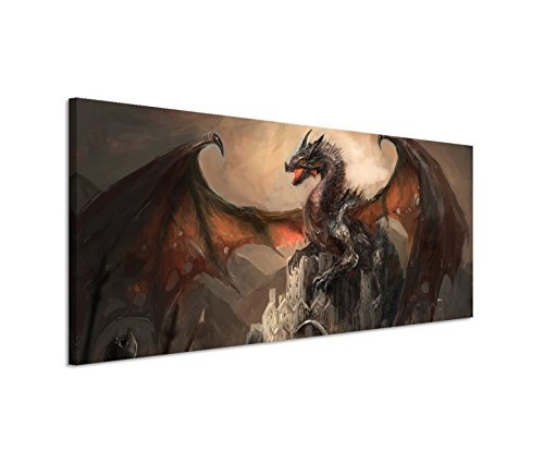 150x50cm Leinwandbild auf Keilrahmen Ritter Drachen Kampf Dunkelheit Fantasy Wandbild auf Leinwand als Panorama