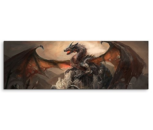 150x50cm Leinwandbild auf Keilrahmen Ritter Drachen Kampf Dunkelheit Fantasy Wandbild auf Leinwand als Panorama